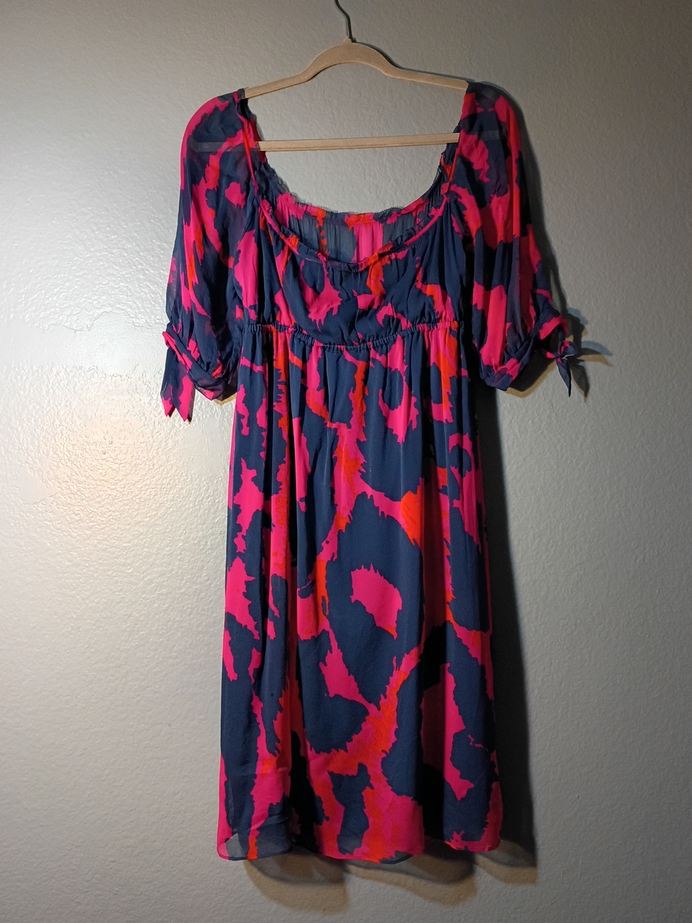 Diane Von Furstenberg Navy Midi Dress with Pink & Orange Abstract Print.